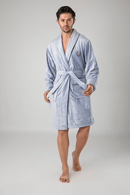 sachin and babi light blue dress COTTON VELVET CLASSIC DRESSING GOWN FOR MAN FULLY LINED IN BEMBERG WITH  PRINTED TWILL SILK CONTRASTS AND PIPING main image 0