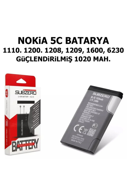 Nokia 5C Batarya Güçlendirilmiş 1110. 1200. 1208, 1209, 1600, 6230 Subzero 5C Plus Bilişim