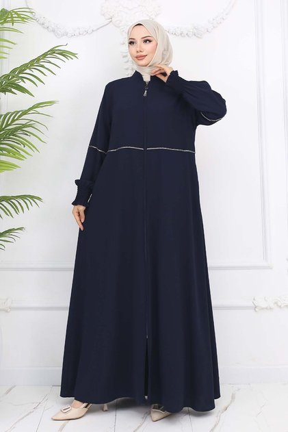 Stone Detailed Ferace Navy Blue 1006