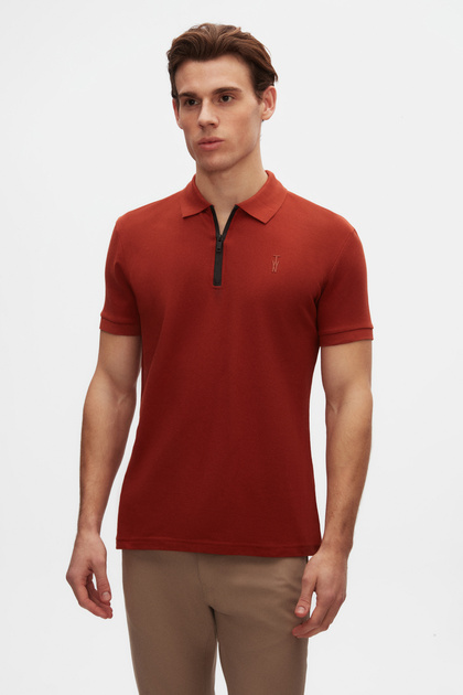 TWN Slim Fit Kiremit Pike Dokulu Yarım Fermuarlı Polo Yaka Yazlık