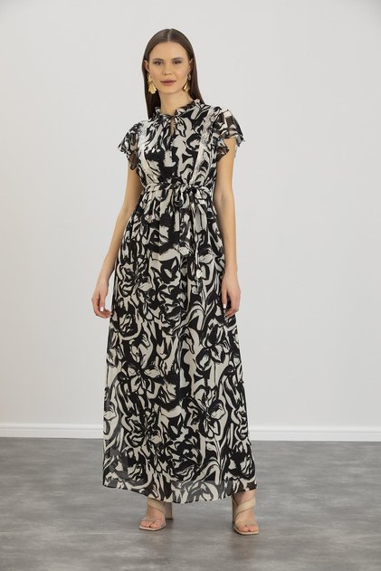 IŞIL E0019-Pleated Pregnant Collar Chiffon Gilet Dress