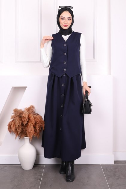 Navy Blue Vest Skirt Suit