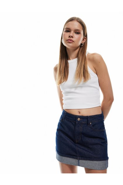 Katlı Cep Detaylı Slim Fit Düğmeli Denim Etek