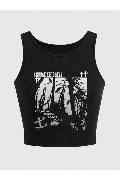 Letter Graphic Printed Crop Blouse with Belt Length Straps