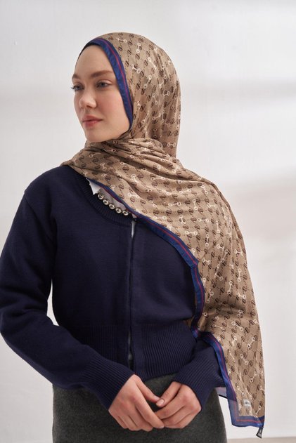 Vual Monogram Pattern Shawl 3361-Beige Cobalt Blue
