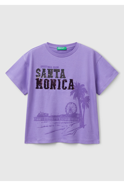 Girl's Purple Front Sequin Embroidered Printed T-Shirt