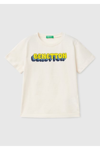 Boy's Ecru Benetton Logo Printed T-Shirt