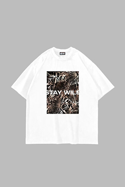 Panel Print Stay Wild Leopard Printed Oversize Unisex White Tshirt