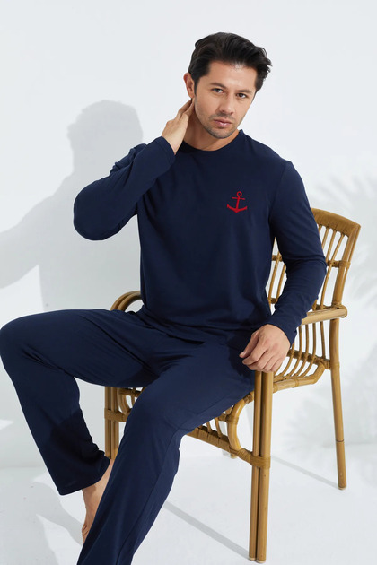 Men's Long Sleeve Anchor Embroidered Navy Blue Combed Cotton Fabric Transitional Pajama Set