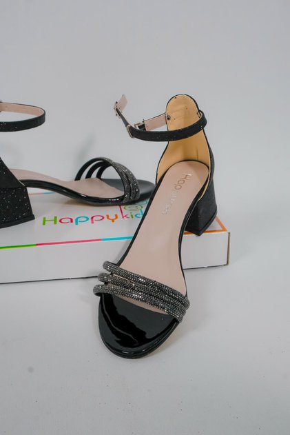 Girl's Evening Dress Shoes Black Stone 3 Band Graduation-Wedding Heels Girl's Evening Dress Shoes