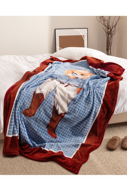 Mandel Bear Welsoft Polar Printed Single Blanket - Blue/Brown