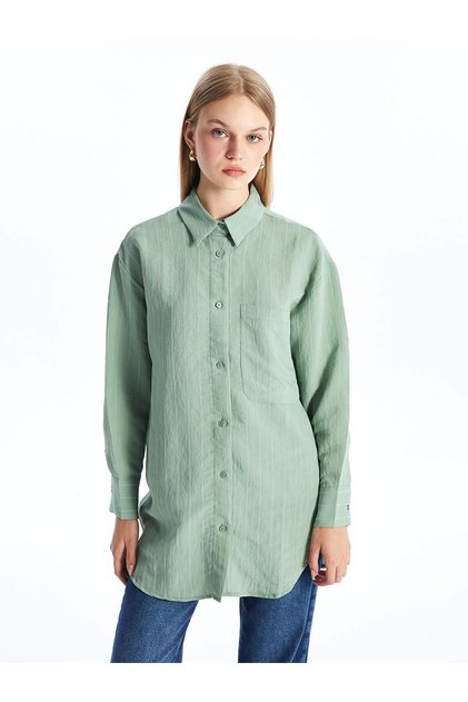 Lcw Modest Green Striped Oversize Women's Shirt Tunic