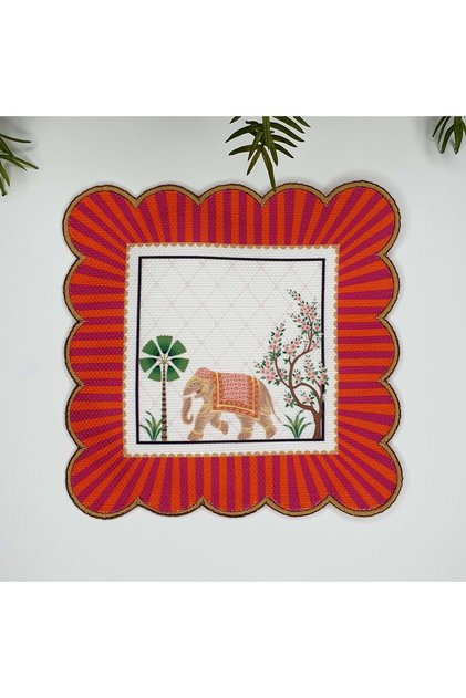 Decorative Edged Fabric Cocktail Napkin with Elegant Elephant and Palm Tree Design
