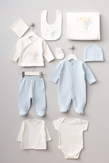 Patterned Hugging Teddy Bear Design 10-Piece Boxed Newborn Hospital Take-Home Bodysuit Set