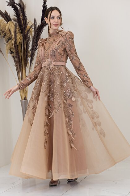 piennar modest evening dress product info and reviews PİENNAR Icon Evening Dress with Tulle Detail on the Shoulders and Waist-  Trendyol