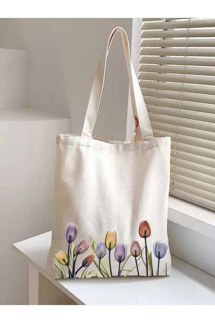 Tulip Design Floral Canvas Rips Thick Tote Bag Cloth Bag, Pinterest Bag, Book Bag, Tulip