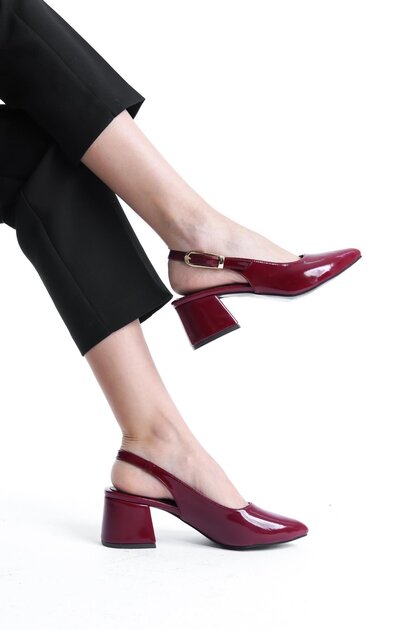 Cherry Red Claret Red Patent Leather Gold Buckle Detailed Women's Thick Heeled Shoes