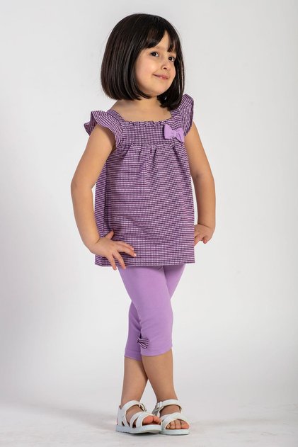 Turtleneck Zero Sleeve Skittle Shoulder Detailed Lilac Color Girl's Tights Set