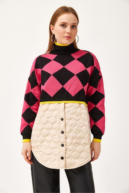 Quilted Plaid Knitwear Sweater Fuchsia