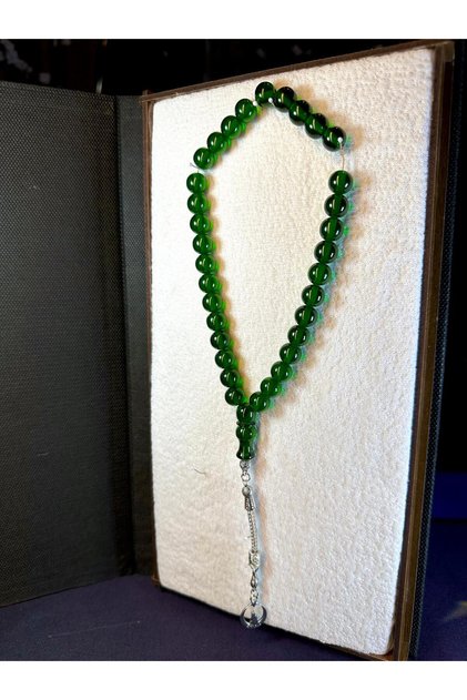 Green Colored Rod Amber Rosary Sphere Cut T-135