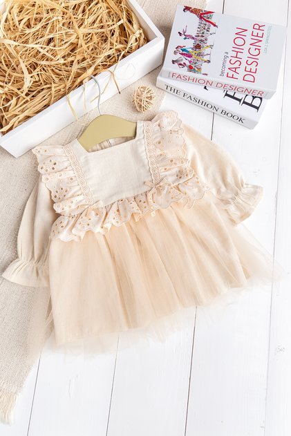 Scalloped Square Collar 100% Cotton Cream Baby Girl Dress Special Day Birthday