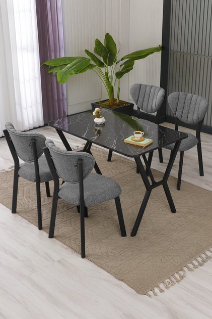 Elma Modeli Masa Sandalye Takımı, 4 Sandalye 1 Sabit Siyah Mermer Desen Masa  110x70 Cm, Keten Kumaş