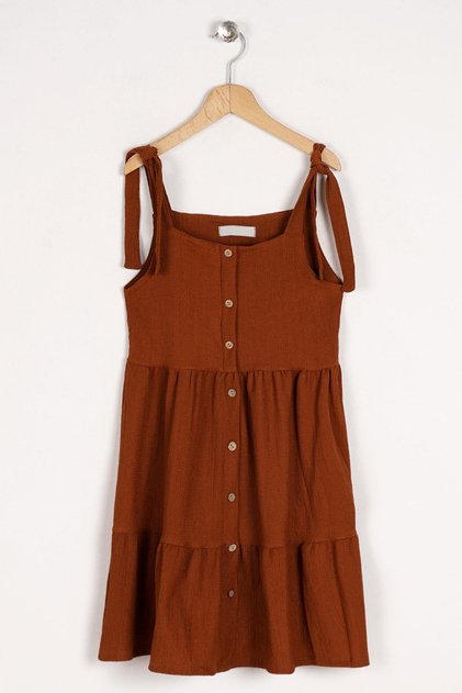 Strap Front Buttoned Brown Color Girl's Dress