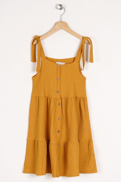Mustard Color Girl's Dress with Straps and Front Buttons