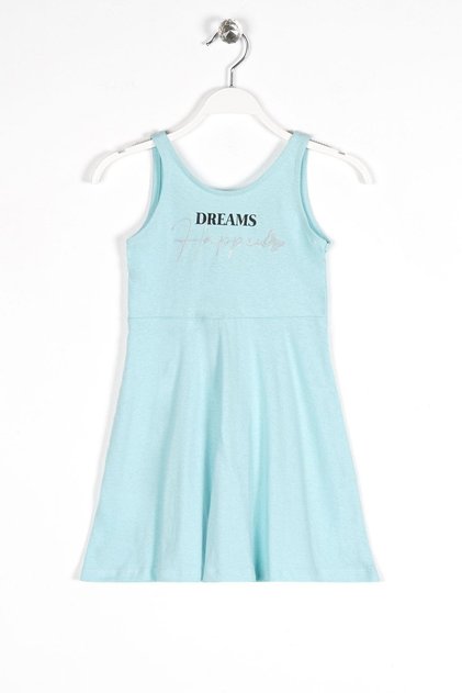 Round Neck Zero Sleeve Dream Printed - Light Blue Color Girls' Dress
