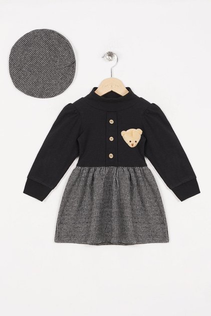 Half Turtleneck Long Sleeve Skirt with Pitched Button Detail Teddy Bear and Hat Gray Color Girl's Dress
