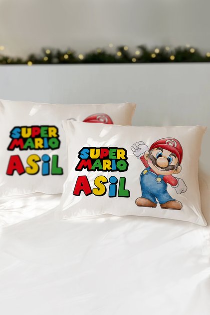 İsme Özel Baskılı Pamuklu Çocuk Yastık Kılıfı (50x70) Süper Mario