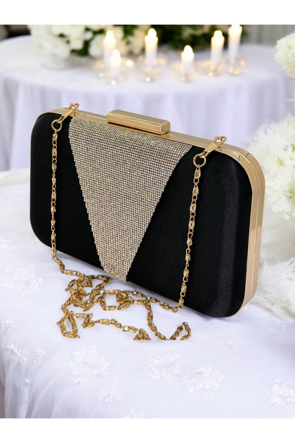MidStore Black Color Satin Gold Stone Evening Dress Bag Evening Bag-  Trendyol