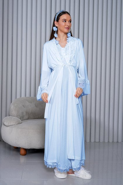 Blue Hidden Nursing Feature Robe Maternity and Postpartum Nightgown Set 5035