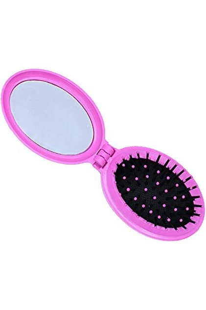 Titania Pink Folding Hair Brush with Makeup Mirror Pocket Brush Mini Hair Comb Travel Brush