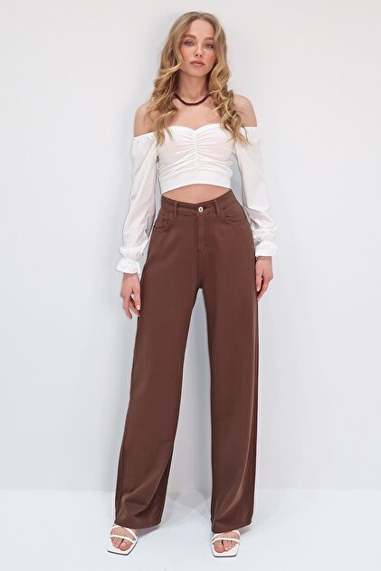 Trend Alaçatı Stili Brown High Waist Five-Pocket Wide Leg Summer
