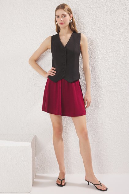 Bordo Scuba Krep Skater Yüksek Bel Esnek Örme Etek TWOAW24ET00343