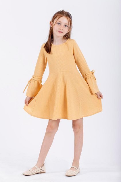Crew Neck Long Sleeve Yellow Color Girl's Dress