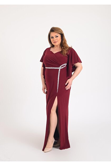 LLAS XXL Burgundy Colored Chiffon Long Evening Dress - Plus Size Dress-  Trendyol