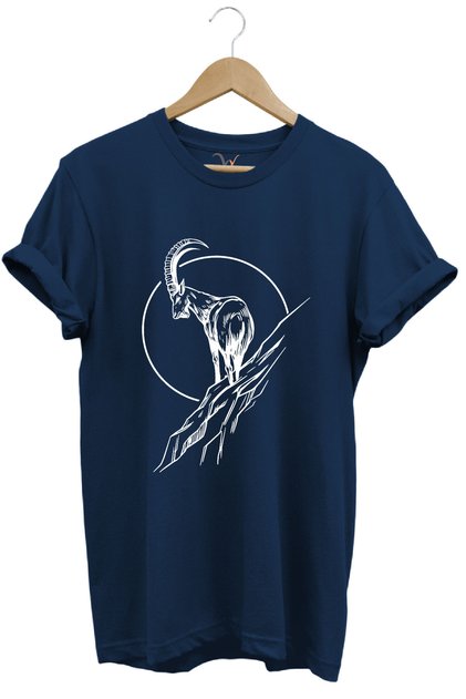 Hunting Mountain Goat Printed 100% Cotton Regular Fit Crew Neck Navy Blue T-Shirt