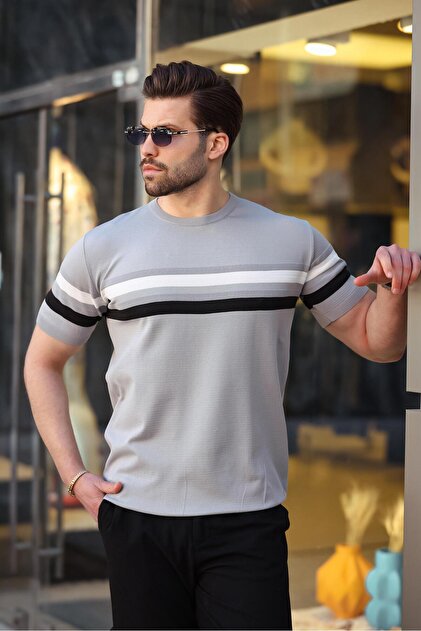 Madmext Gri Bisiklet Yaka Çizgili Erkek T-shirt E7412 - Fiyatı