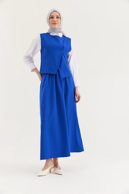 Belt Detailed Skirted Double Suit Navy Blue