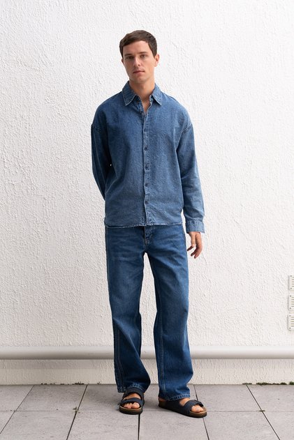 Desenli Jakarlı Denim Koyu Mavi Gömlek