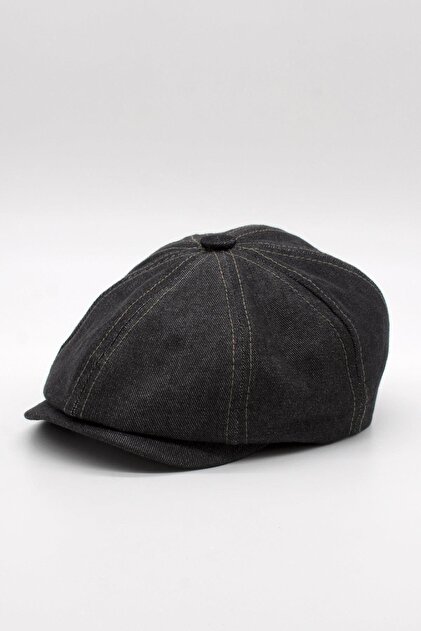 Külah Erkek Denim İngiliz Newsboy Kasket - Siyah Kot Şapka