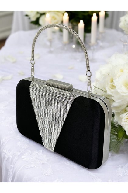 Black Silver Satin Stone Handle Women's Evening Dress Bag Wedding Graduation Prom Bag