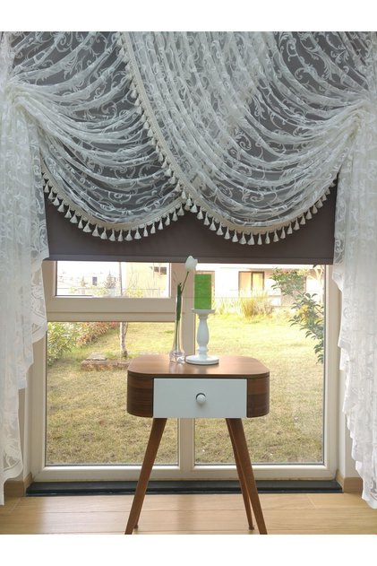 White Shawl Design Fringed Double Breasted Curtain Yanki Tulle Theater Model Curtain