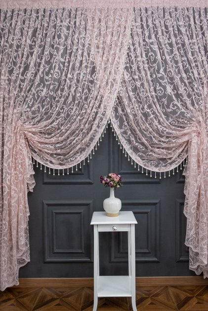 Powder Pink Shawl Design Beaded Double Breasted Curtain Yanki Tulle Theater Model Curtain
