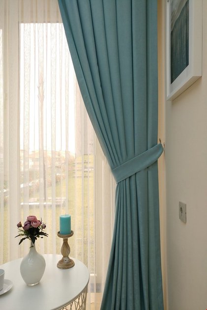 Background Fabric Curtain Mint Color Velvety Soft Soft Wing Side Curtain 1e 3 Draped Pleat