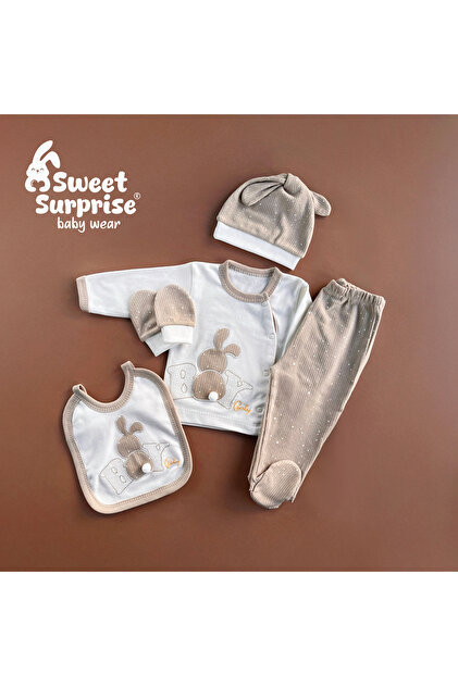 Sweet Surprise Boy Cool Rabbit Zibin Set Brown 100% Cotton 5-Piece Newborn Hospital Exit Set
