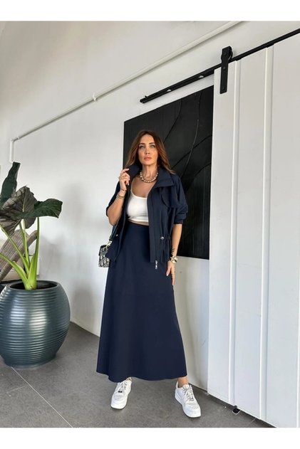 QİMENE Kadın Beli Bağcıklı İri Cepli Ceketli Uzun Etekli İkili TAKIM