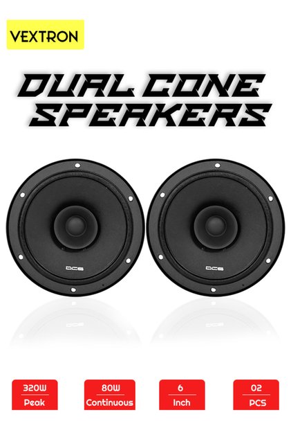 مجموعة مكبرات صوت VEXTRON DC6 ثنائية المخروط مقاس 6 بوصات للسيارة - 90 ديسيبل 80 وات/320 وات أقصى طاقة، جهير ديناميكي